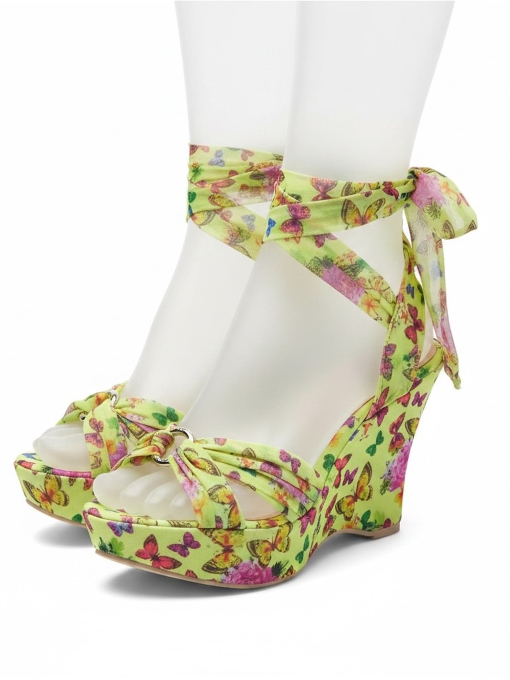 RARE | BCBGirls yellow Floral Butterfly Ankle-Tie Wedge Sandals